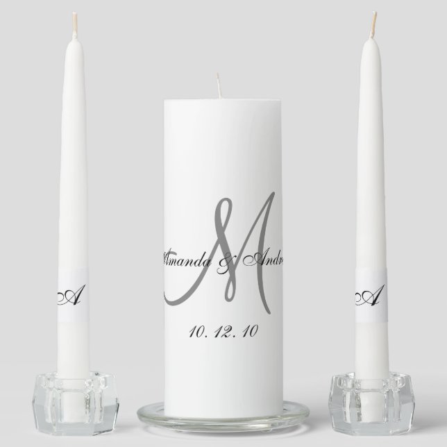 Elegant Monogram Bride Groom Names Date Wedding Unity Candle Set (Front)