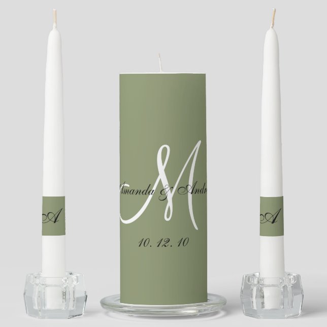 Elegant Monogram Bride Groom Names Sage Wedding Unity Candle Set (Front)