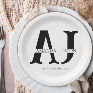 Elegant Monogram Bride Groom Names Wedding Party Paper Plates