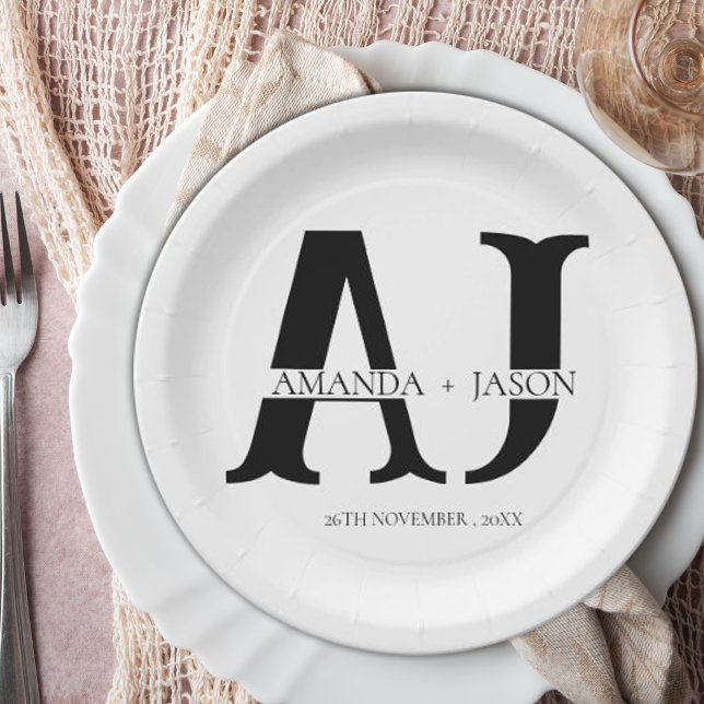Elegant Monogram Bride Groom Names Wedding Party Paper Plates (Elegant Monogram Bride Groom Names Wedding Party Paper Plates)