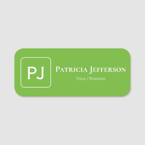 Elegant Monogram Bright Apple Green Professional Name Tag