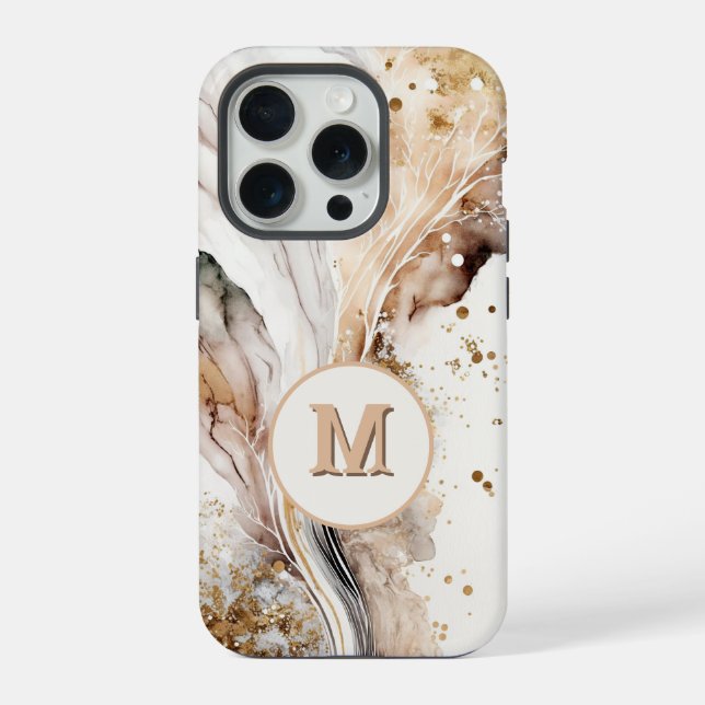 Elegant Monogram Brown Gold Marble Abstract Design iPhone Case (Back)