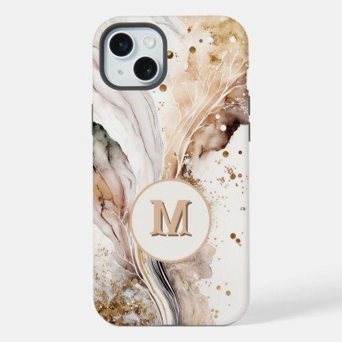 Elegant Monogram Brown Gold Marble Abstract Design iPhone 15 Plus Case