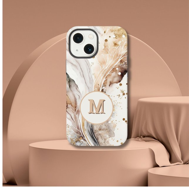 Elegant Monogram Brown Gold Marble Abstract Design iPhone Case (Creator Uploaded)
