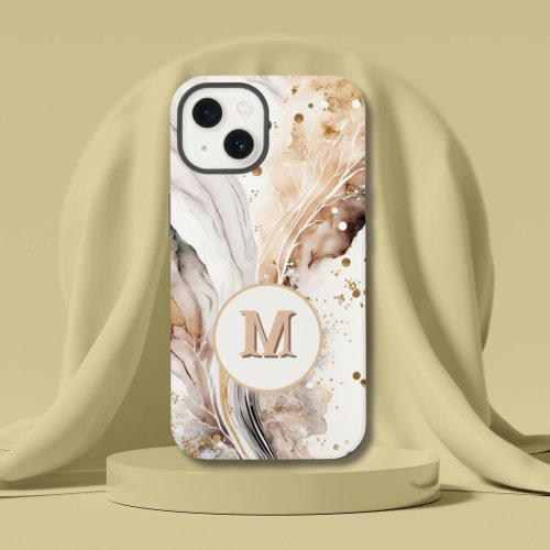 Elegant Monogram Brown Gold Marble Abstract Design iPhone 13 Case