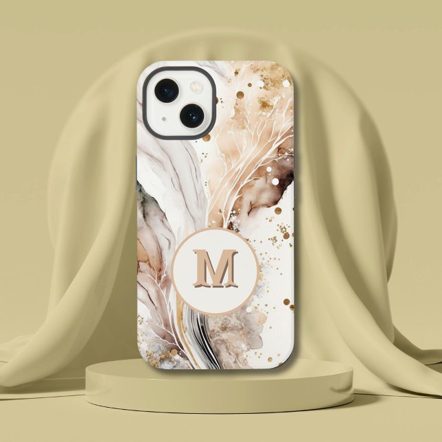 Elegant Monogram Brown Gold Marble Abstract Design iPhone Case (Creator Uploaded)