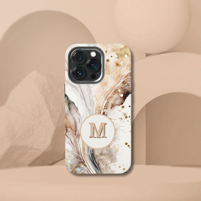 Elegant Monogram Brown Gold Marble Abstract Design iPhone Case (Creator Uploaded)