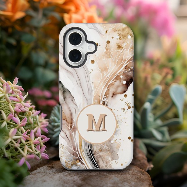 Elegant Monogram Brown Gold Marble Abstract Design iPhone Case (Creator Uploaded)