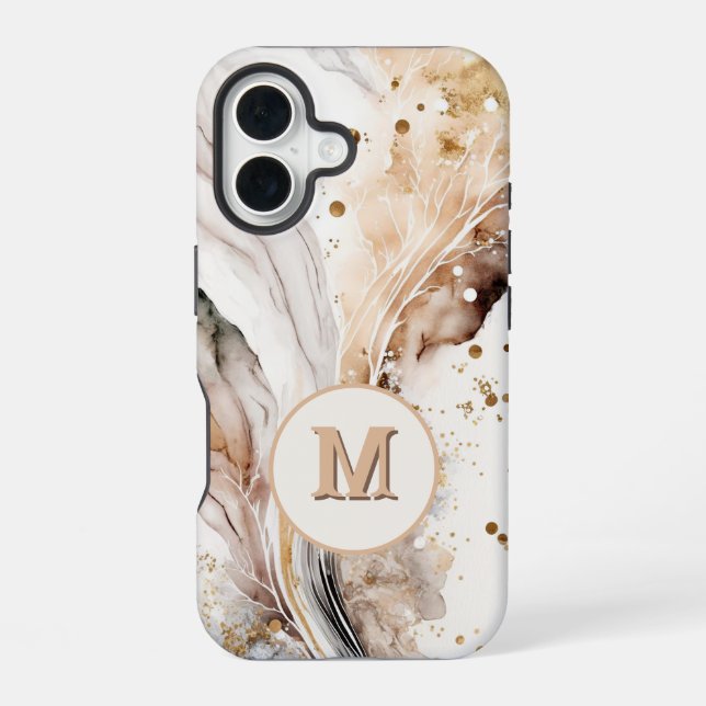 Elegant Monogram Brown Gold Marble Abstract Design iPhone Case (Back)