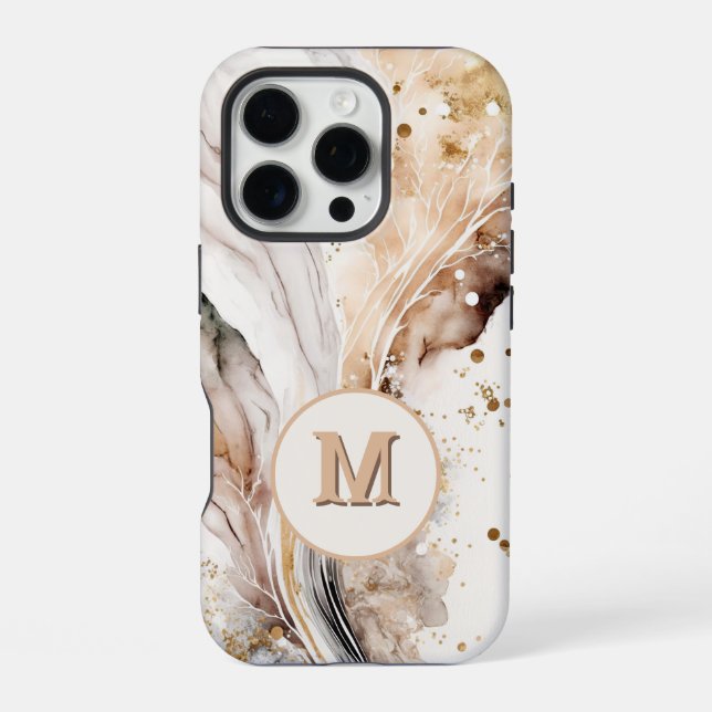 Elegant Monogram Brown Gold Marble Abstract Design iPhone Case (Back)