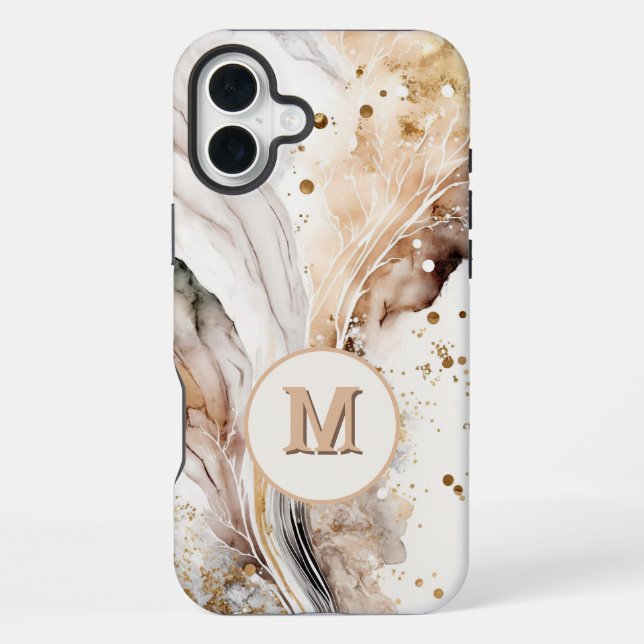 Elegant Monogram Brown Gold Marble Abstract Design iPhone Case (Back)