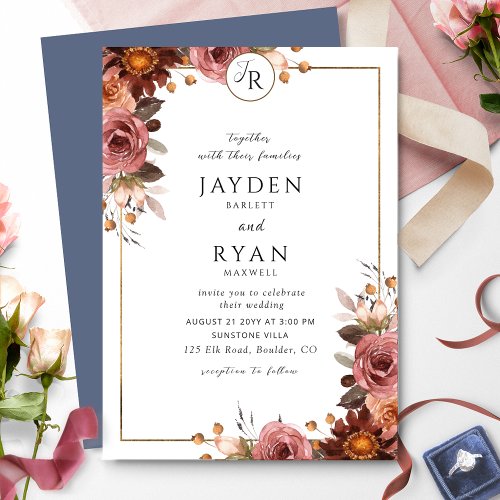 Elegant Monogram Burgundy and Blue Wedding Invitation