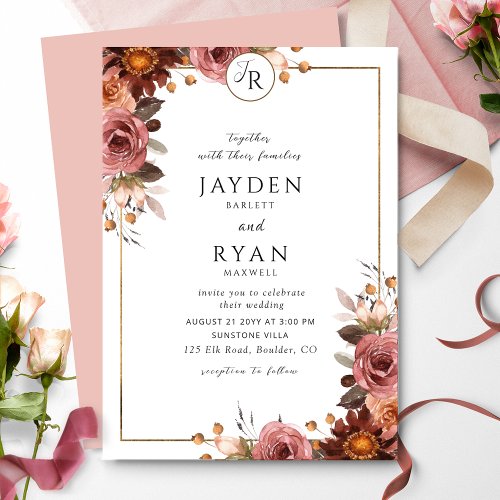 Elegant Monogram Burgundy and Blush Pink Wedding Invitation