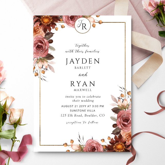 Elegant Monogram Burgundy and Blush Wedding Invitation (Creator Uploaded)