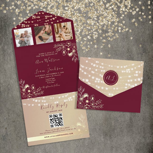 Elegant Monogram Burgundy and Gold Wedding All In One Invitation (Creator Uploaded)