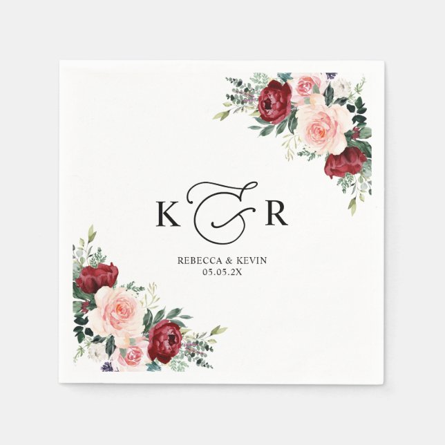 Elegant Monogram Burgundy Blush Floral Napkins (Front)