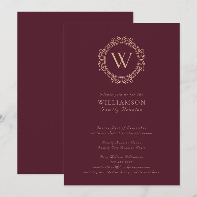Elegant Monogram Burgundy Family Reunion Invitation (Front/Back)
