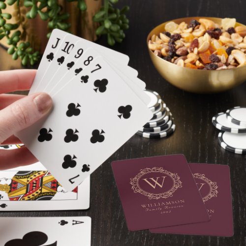 Elegant Monogram Burgundy Family Reunion Poker Cards