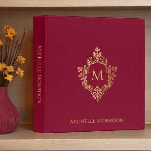 Elegant Monogram Burgundy Faux Gold Crest and Name 3 Ring Binder