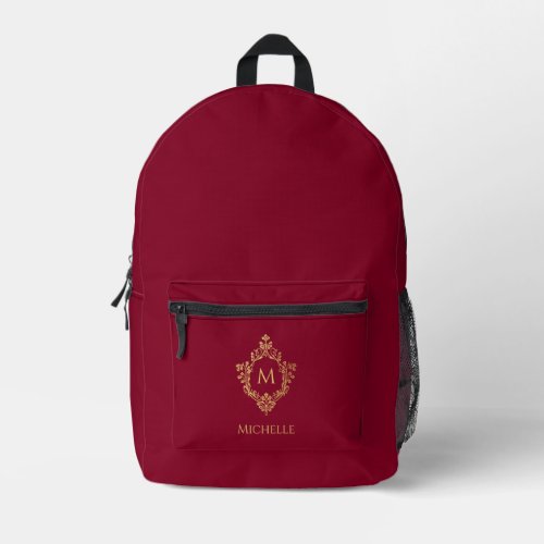 Elegant Monogram Burgundy Faux Gold Crest and Name Printed Backpack