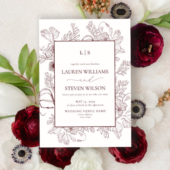 Elegant Monogram Burgundy Floral Line Art Wedding  Invitation (Creator Uploaded)