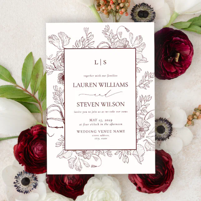 Elegant Monogram Burgundy Floral Line Art Wedding Invitation | Zazzle