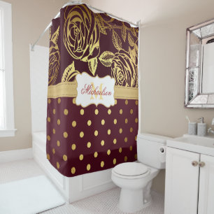 Elegant Monogram Burgundy Gold Rose Polka Dot Shower Curtain