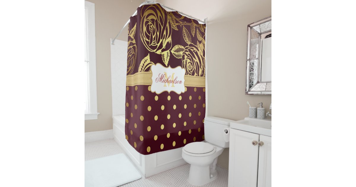 Elegant Monogram Burgundy Gold Rose Polka Dot Shower Curtain