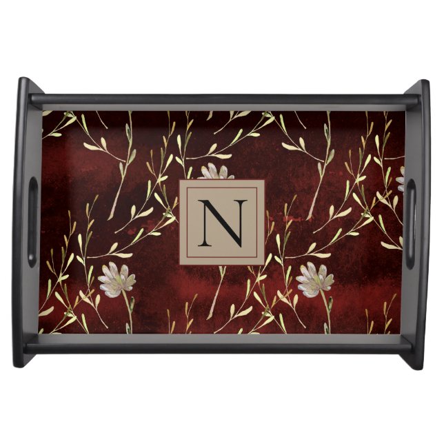Elegant Monogram Burgundy Marsala Floral Serving Tray (Front)