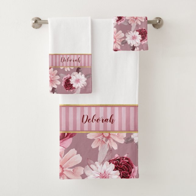 Elegant Monogram Burgundy Pink Floral Stripe  Bath Towel Set (Insitu)
