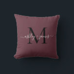 Elegant Monogram Burgundy Script Names Wedding Throw Pillow<br><div class="desc">Chic monogrammed keepsake pillow with your names and monogram in white elegant handwritten script calligraphy and black modern typography on a burgundy background. Simply add your names and monogram. Exclusively designed for you by Happy Dolphin Studio. If you need any help or matching products, please contact us at happydolphinstudio@outlook.com. We're...</div>
