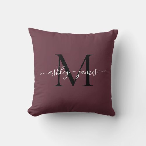 Elegant Monogram Burgundy Script Names Wedding Throw Pillow