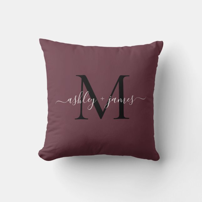 Elegant Monogram Burgundy Script Names Wedding Throw Pillow (Front)
