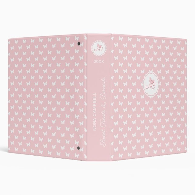 Elegant Monogram Butterfly Pattern Peach Pink 3 Ring Binder (Background)