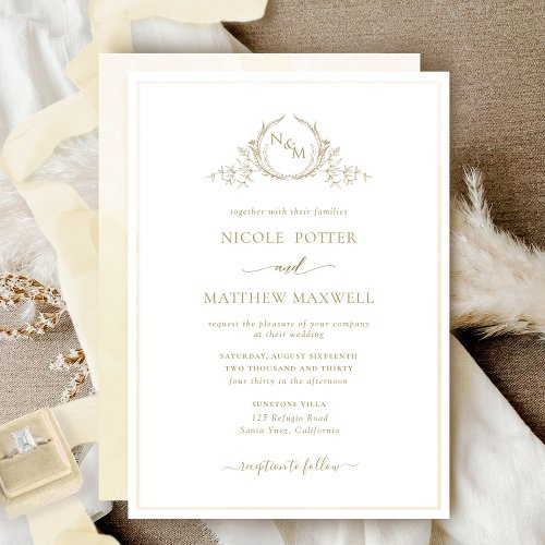 Elegant Monogram Champagne Watercolor Wedding Invitation