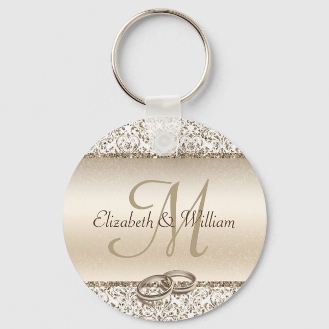 Elegant Monogram Champagne Wedding Favor Keychain (Front)