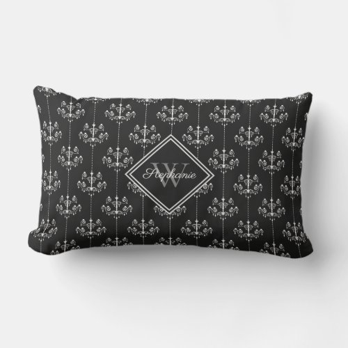 Elegant Monogram Chandeliers Black White Outdoor Lumbar Pillow