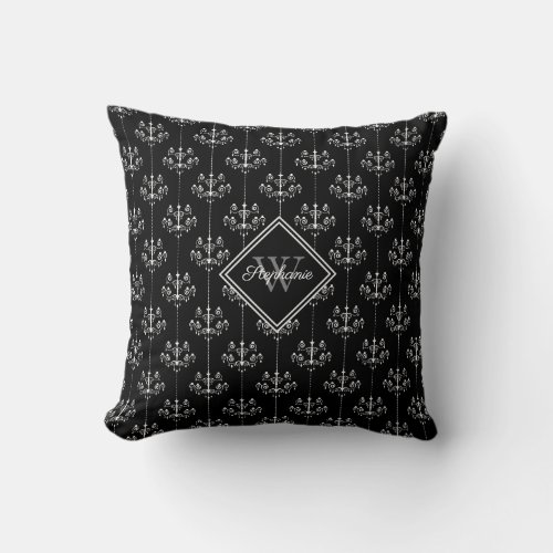 Elegant Monogram Chandeliers Pattern Black White Throw Pillow
