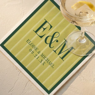Elegant Monogram Chartreuse Stripe Pattern Wedding Napkins