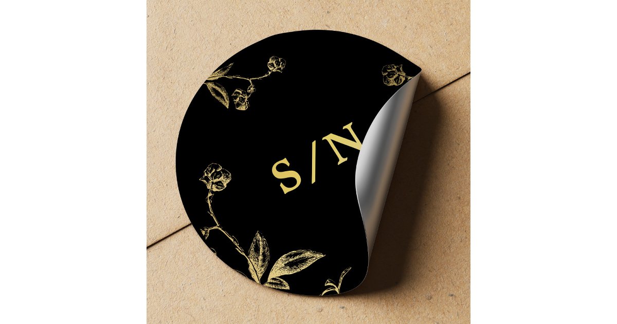 Elegant monogram chic modern gold black wedding classic round sticker ...