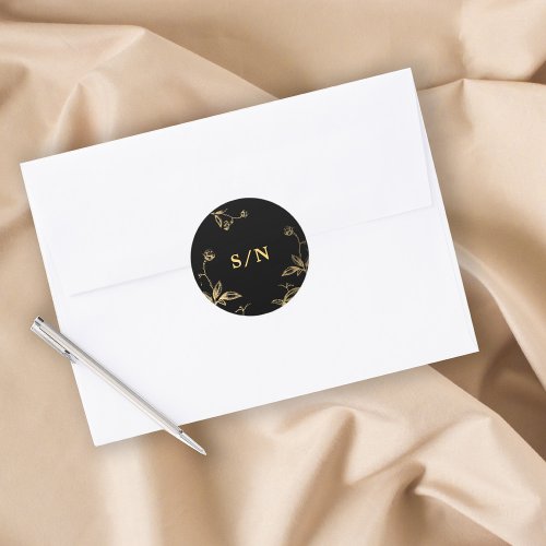 Elegant monogram chic modern gold black wedding classic round sticker