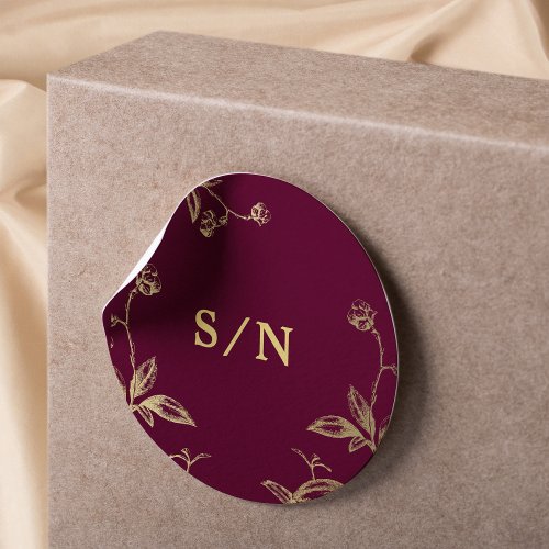 Elegant monogram chic modern gold burgundy wedding classic round sticker