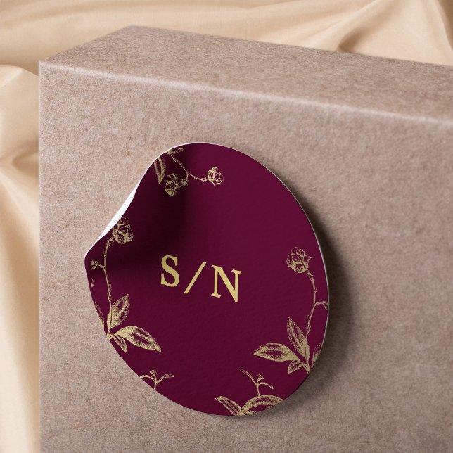 Elegant monogram chic modern gold burgundy wedding classic round sticker (Creator Uploaded)