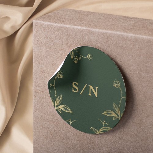 Elegant monogram chic modern gold green wedding classic round sticker