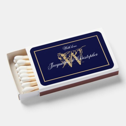Elegant Monogram Chic Script Navy Blue  Gold  Matchboxes