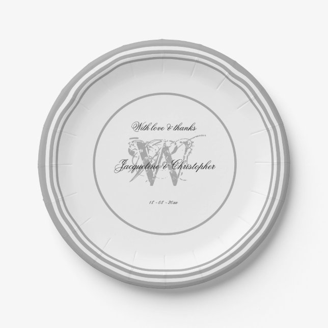 Elegant Monogram Chic Script White Silver Wedding Paper Plates (Front)