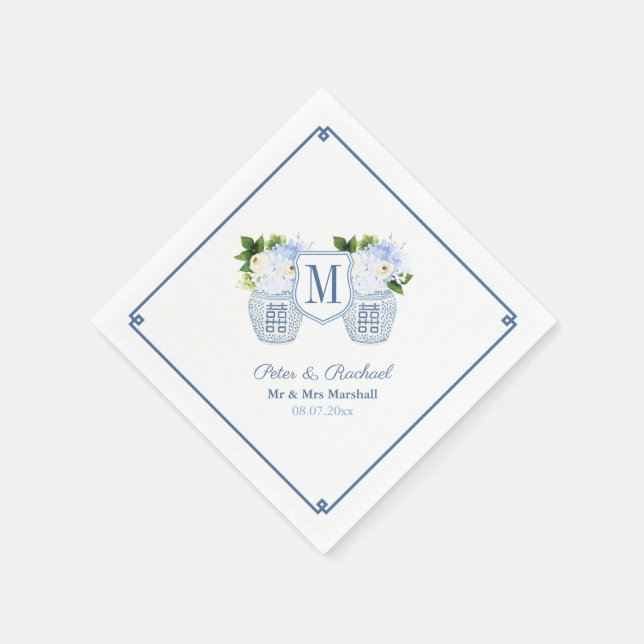 Elegant Monogram Chinoiserie Wedding Reception Napkins (Corner)
