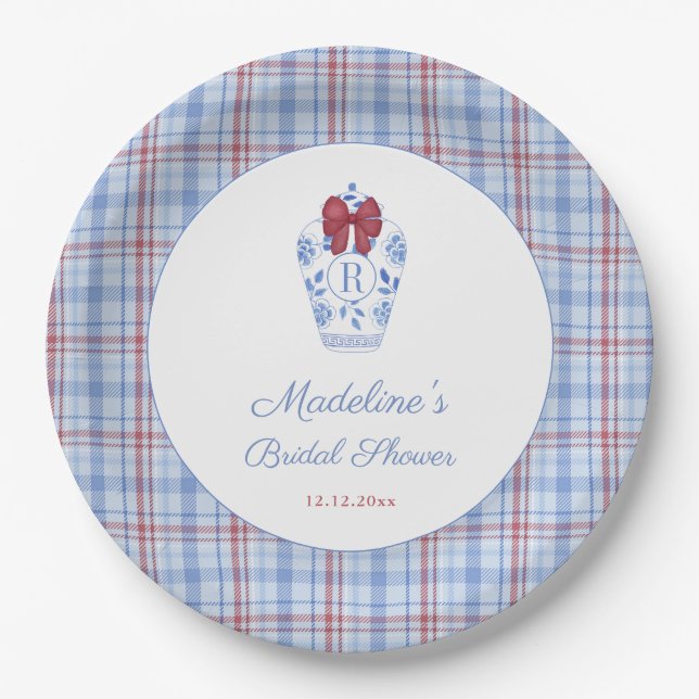 Elegant Monogram Christmas Bridal Shower Party Paper Plates (Front)