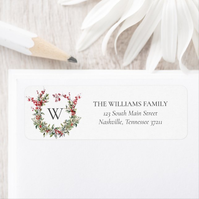 Elegant Monogram Christmas Holiday Wreath Address Label (Insitu)
