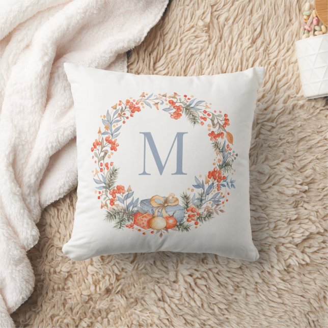 Elegant Monogram Christmas Wreath Dusty Blue Throw Pillow (Blanket)